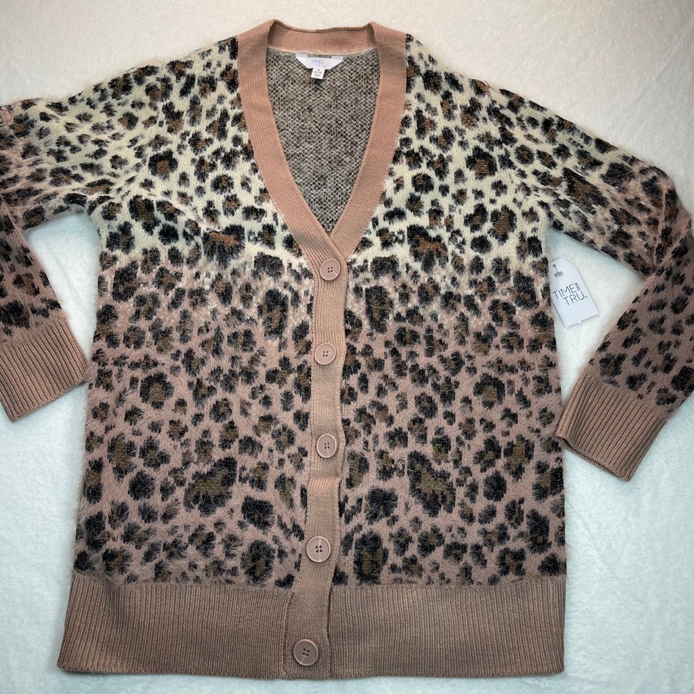 Time & Tru Cardigan Women M Leopard Cat NWT Fuzzy Eyelash Mob Wife Furry Grunge